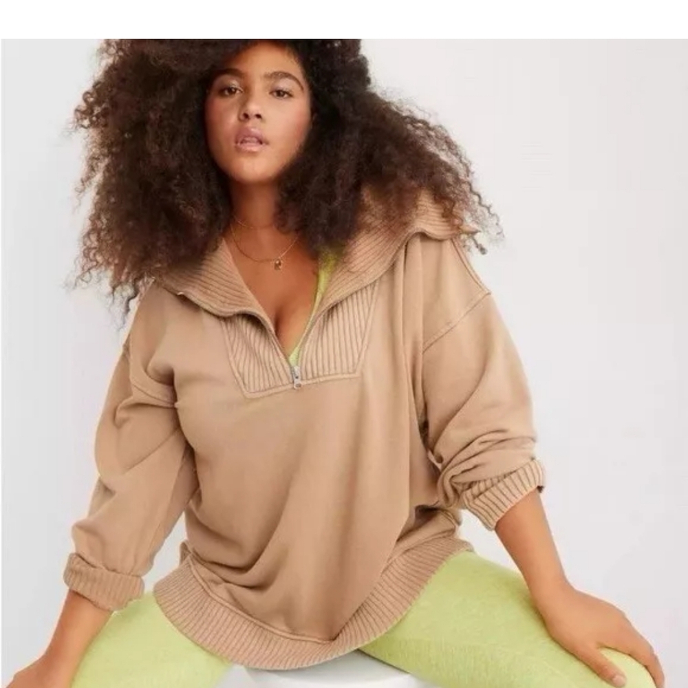 AERIE DOWN TO EARTH QUARTER ZIP OVERSIZED PULLOVER SWEATSHIRT BROWN SIZE XS